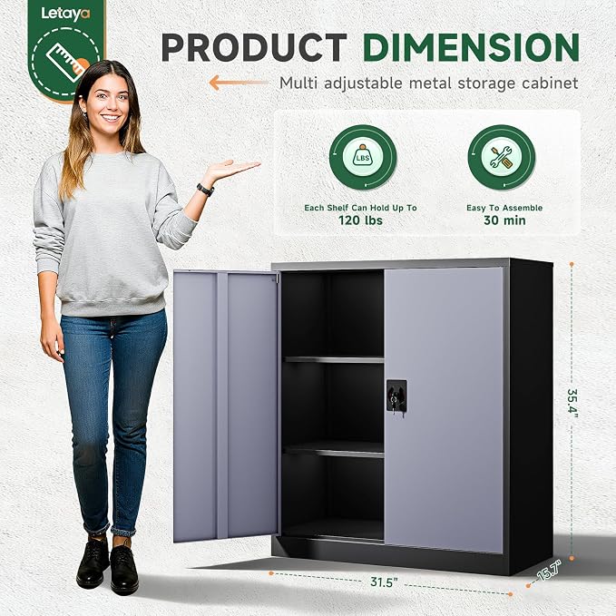Letaya Metal Storage Cabinets with Lock Door,2 Adjustable Shelves Organizer Steel Storage Cabinets for Home,Office,Warehouse,Garage,Employee Lockers(Black Gray)