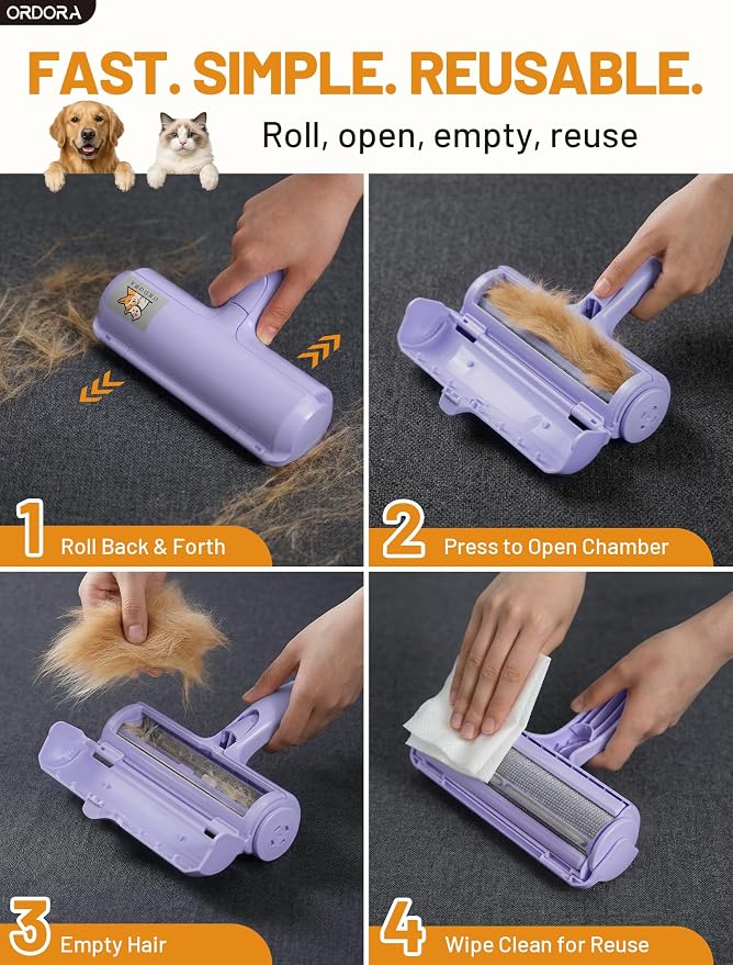 ORDORA Pet Hair Remover Roller, Reusable Lint Roller for Dog and Cat Hair | Portable Pet Hair Roller with Large Fur Bin for Couches, Bedding, Car, Rugs & Furniture, No Refills or Batteries, Pet Homes
