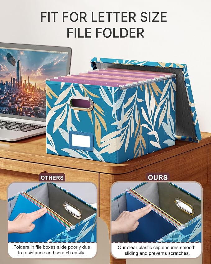 Oterri 2 Pack File Storage Organizer, Document Organizer, Portable File Box with Lid, Fit for Letter/Legal File Folder Storage,Leaf Blue-Box only