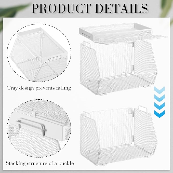 Teenyyou 2 Pcs Stackable Mesh Fruit Basket with Lid Wall Produce Vegetable Storage Basket Onion Potato Hanging Metal Wire Container for Kitchen Counter Pantry (Removable,White,7.1" w & 11.8" l)