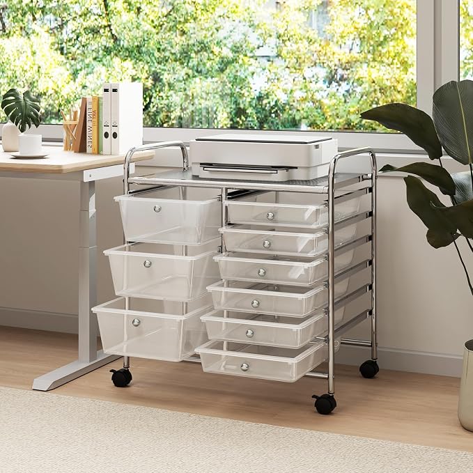 RELAX4LIFE 9 Drawer Rolling Storage Cart - Mobile Drawer Carts for Craft Art Supply Paper Salon, Utility Cart on Wheels for Classroom Teacher School Office, Rolling Cart with Drawers (Clear)