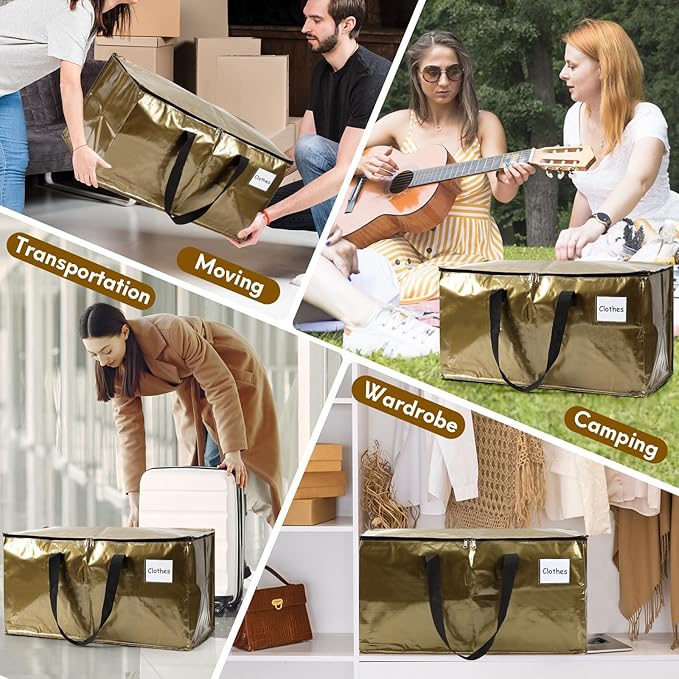 6-Pack Extra-Large Heavy-Duty Moving bags with Reinforced Handles, Durable Zippers & Waterproof Material — Perfect for Space-Saving, Moving, Shipping and Travel (Smoked Gold)