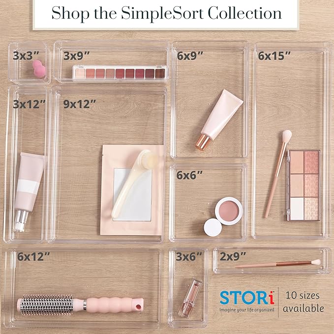 STORi SimpleSort 3-Piece Stackable Clear Drawer Organizer Set | 12" x 6" x 2" Rectangle Trays | Wide Makeup Vanity Storage Bins and Office Desk Drawer Dividers | Made in USA