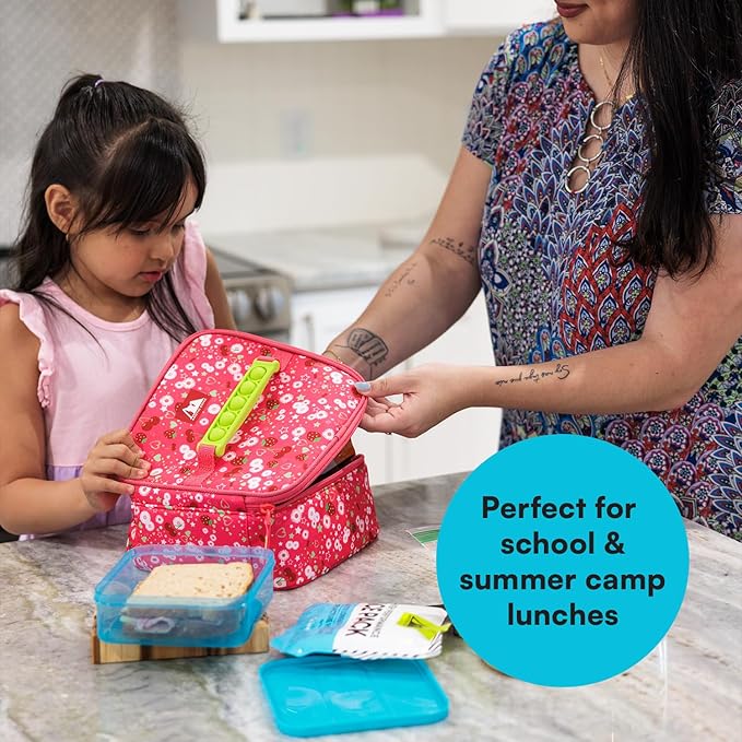 Arctic Zone Kids Lunch Box Combo with Gel Ice Pack and Sandwich Container, Insulated Bag for Travel Lunch, Sensory Fidget Toy Handle, Very Berry Cherry