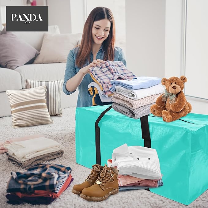 PANDA JOYS 12 Pack Extra Large Moving Bags with Zippers & Carrying Handles, Heavy-Duty Storage Tote for Space Saving Moving Storage, Fold Flat, Alternative to Box and Bin,Aquamarine