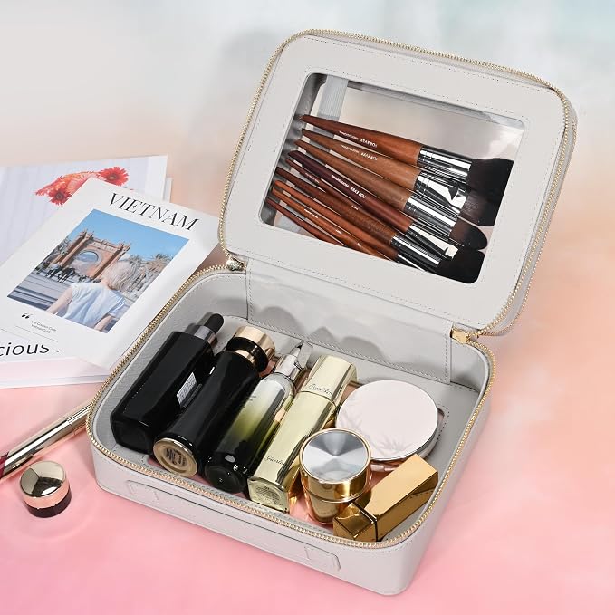 Aveniee Clear Makeup Bags, Double Layer Cosmetic Bags with a Separate Brush Compartment, Large Travel Toiletry Bag Train Case for Women, Travel Accessories Organizer,2 Layers Large, Grey