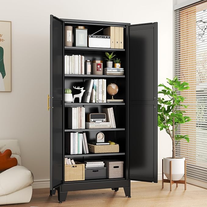 Ckzbx Metal Cabinets with Doors and Shelves, 75" H Black Storage Cabinet Pantry Cabinet Garage Cabinets for Kitchen,Living Room, Dinning Room