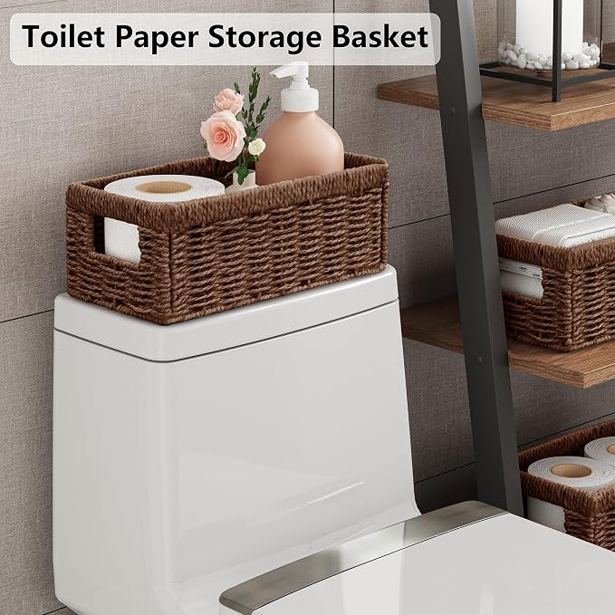 Vagusicc Wicker Storage Basket, Set of 2 Hand Woven Wicker Baskets for Organizing with Handles, Decorative Small Storage Bins for Countertop Toilet Paper Basket for Toilet Tank Top, Shelves, Brown
