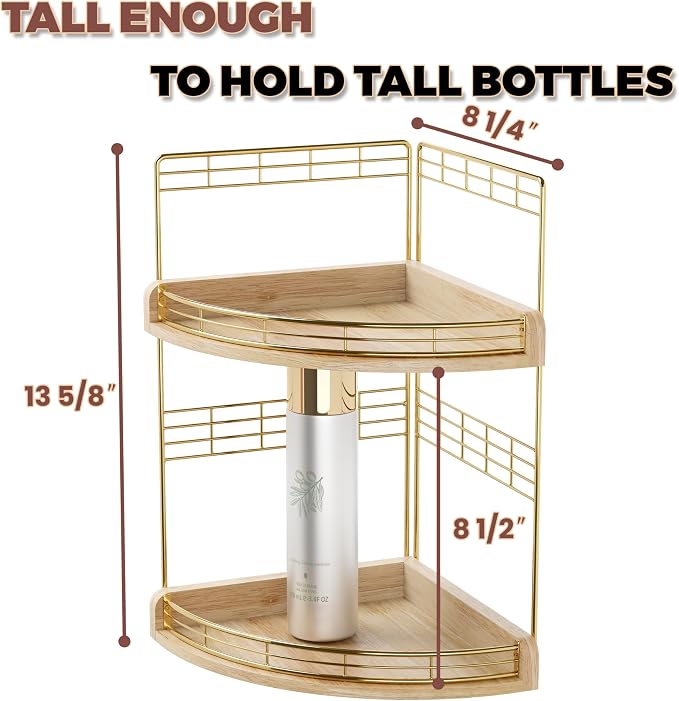 Bathroom Countertop Corner Organizer for Small Spaces, 2-Tier Counter Shelf | Oak Wood & Iron Counter Shelf for Sink & Vanity Corners, Skincare, Toiletries, Space-Saving, Compact Vertical Storage Natural