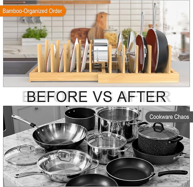 Bamboo Pot and Pan Organizer, Expandable Pot Lid Cutting Board Organizer | Pot and Lid Organizers Inside Cabinet, Adjustable Cutting Board Holder With Non-Slip Base for Kitchen Storage