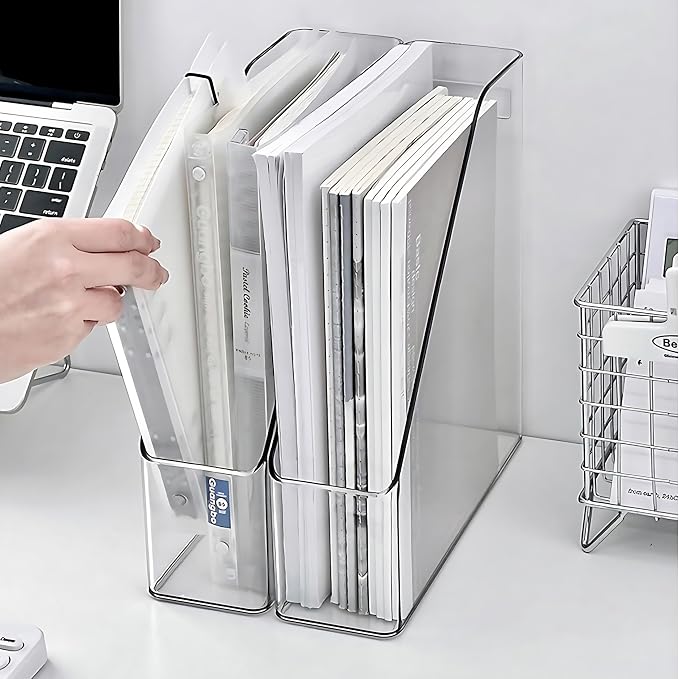2-Pack Clear Acrylic Vertical Magazine File Holders – Desktop Organizer for Books, Documents, Binders, Envelopes, Includes 3 Bonus Silicone Bookmarks