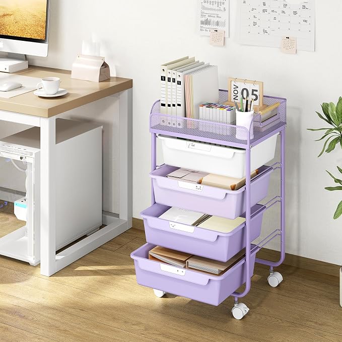 SYKIARIOL 4-Drawer Rolling Storage Cart with Mesh Top, Utility Craft Organizer Cart on Wheels with DIY Labels, Rolling Drawer Cart for Home Office Classroom Bedroom, Purple