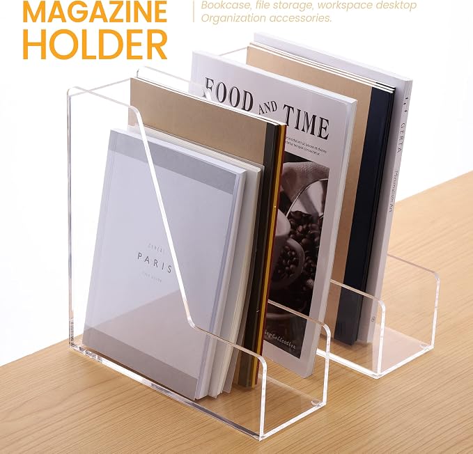 HeZone Magazine Holder, Clear Acrylic Desk Organizers, File Organizer for Desk, Magazine Rack- Desktop Book Storage -Independent Vertical 1 Space-2 Pack