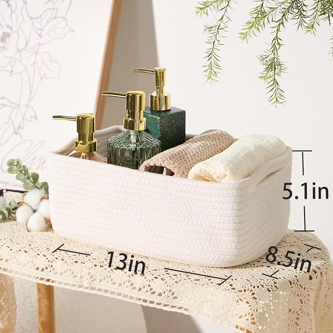 MiniArk Small Storage Baskets for Organizing | Closet Organizer Bins | Shelf Toy Basket | Woven Rope Baskets | Cube Decorative Box | Shallow Basket | 13x8.5x5.1” | 3 Packs Off White