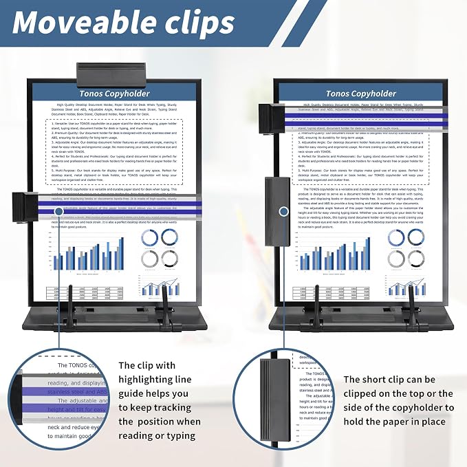 TONOS Paper Stand Document Holder - 2PC Quality Document Holder for Desk, Paper Stand for Desk When Typing, Sturdy Stainless Steel Copy Holder, Adjustable Angle, Paper Holder Stand for Desk Typing