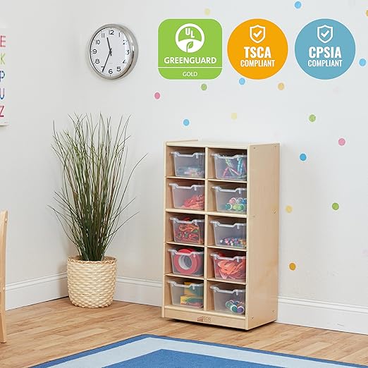 ECR4Kids 10 Cubby Tray Cabinet with Scoop Front Storage Bins, 5x2, Natural, Classroom Furniture, Clear