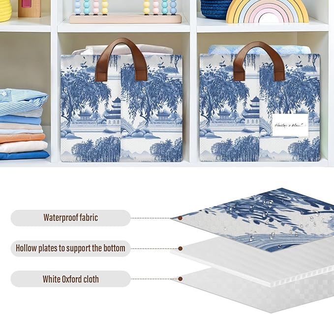 Blue and White Porcelain Pavilions Willow Tree Storage Bins for Shelves with Labels&Handles Fabric Organizer Bin Foldable Rectangle Storage Basket Boxes for Closet, Bathroom, Home, Living Room