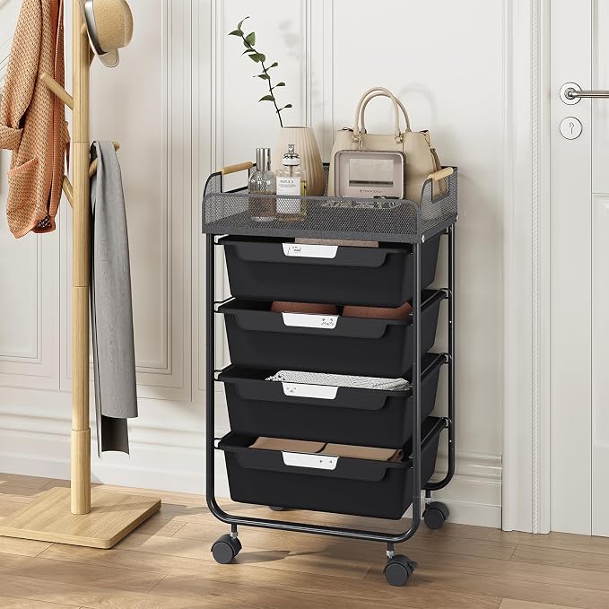 SYKIARIOL 4-Drawer Rolling Storage Cart with Mesh Top, Utility Craft Organizer Cart on Wheels with DIY Labels, Rolling Drawer Cart for Home Office Classroom Bedroom, Black
