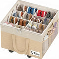 Large Shoe Organizer for Closet, 16 Pairs Shoe Storage Box with 360° Wheels & Reinforced Handles, Adjustable Dividers, Clear Cover, Side Pocket, Foldable Oxford Fabric Bin for Entryway, Beige