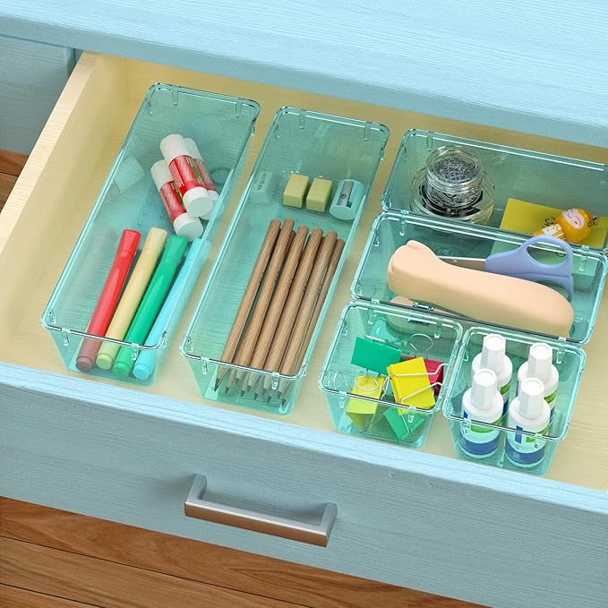 WOWBOX 6 Pack Clear Drawer Organizer Set, Acrylic Drawer Storage Trays, Storage Bins for Makeup, Cosmetics, Jewelries, Utensils, Gadgets, Office, Sea Blue