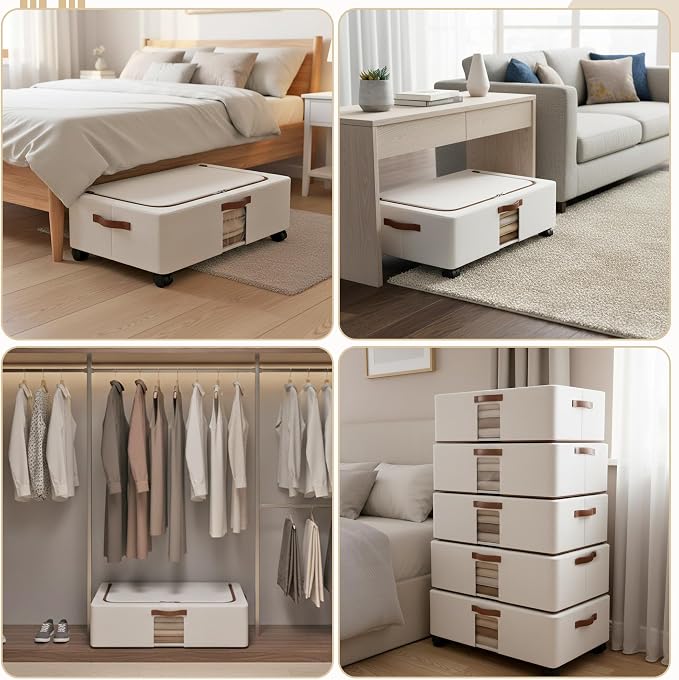 Under Bed Storage Organizer with Wheels - 2 Pack Large Foldable Underbed Drawer with Handle Side Clear Zipper Lids Waterproof Storage Bin Toy Shoe Cloth Container for Nursery Bedroom Home Dorm