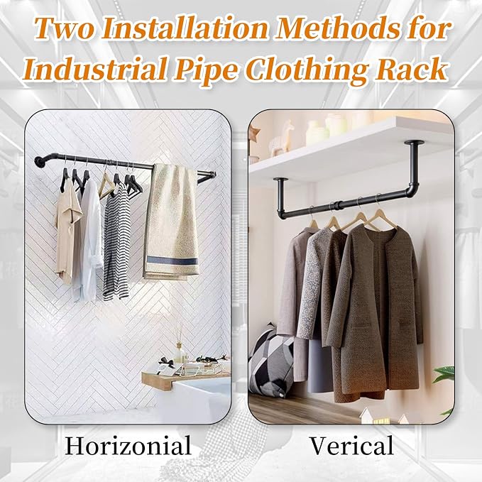 36 INCH Industrial Pipe Clothes Rack,Wall Mounted Clothes Rack,Metal | 150lbs Max Heavy Duty Clothing Rack,Powder Coating Surface,Space-Saving Hanging Rod for Laundry Room,Bedroom,Closet Storage