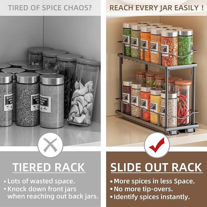 Bunoxea Pull Out Spice Rack 2 Pack,Slide Out Cabinet Spice Rack,Black | 2-Tier Rack, Full Extension Ball Bearing Glides, 10.7"Dx4.8"Wx8.85"H, Kitchen Pantry,Narrow Cabinet Spice Storage Organizer