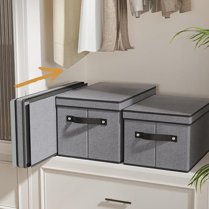 Storage Boxes, 7.1 x 9.1 x 13 Inch Closet Organizers for Shelves Bedroom Office with Handles, Storage Bins with Lids, Gray, 3-Pack