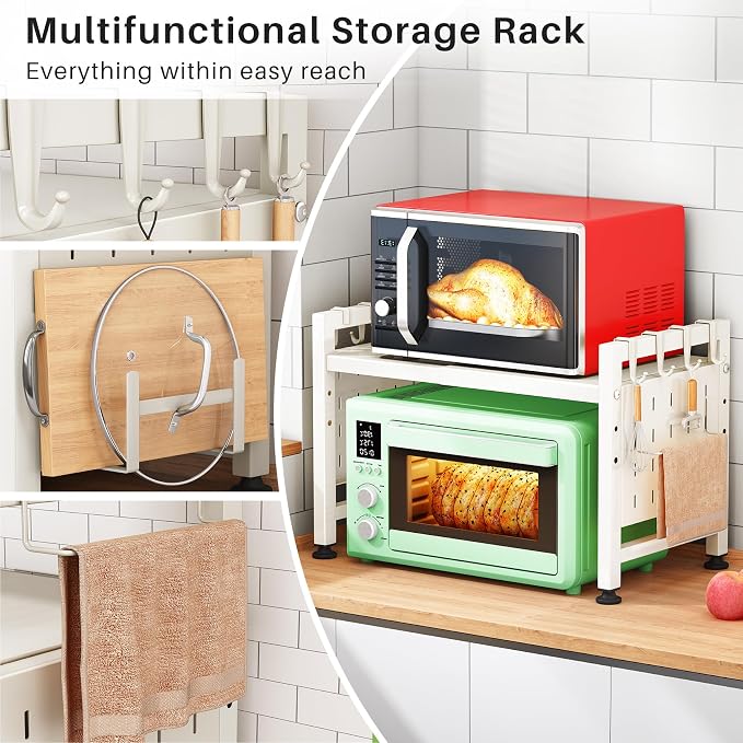 Microwave Stand, 2-Tier Expandable(17.4"-27.4") Microwave Oven Rack, Heavy Duty Adjustable Shelf with 9 hooks, Kitchen Organizer Storage Shelves for Pantry, Countertop, Coffee Bar, Office, Dorm, White