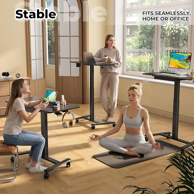 40"×20" Mobile Desk with Drawer, Rolling Desk with Storage | Height Adjustable Portable Laptop Desk on Wheels, Small Computer Desk with Cup Holder and Hooks for Study & Work, Black