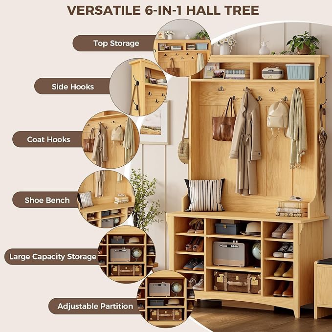 IRONCK 80" H 47" W Large Hall Tree with Bench and Shoe Storage, 6-in-1 Entryway Bench with Coat Rack, Adjustable Shelf, Hanging Hooks, 11 Shoe Cubbies, 2-Tier Top Storage for Entryway and Bedroom, Oak