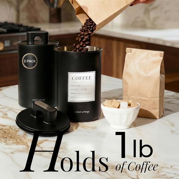STYLED SETTINGS Coffee Bean Storage Container Set, 2-Piece, Black | Stainless Steel, BPA Free, Food Grade, Airtight, Vacuum Effect, Dual Lid