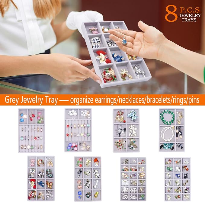 Earring Organizer 8 Stackable Jewelry Tray Drawer Removable Jewellry Storage Display Plate for Earring Rings Necklace Bracelet Watch with Removable Dividers