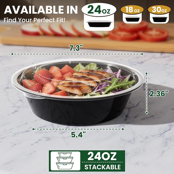 24oz Round 50-Pack Meal Prep Containers Reusable with Lids, To Go Take Out Plastic Food Storage Containers with Lids, Sturdy Leakproof & Food Safe, Microwave Freezer Dishwasher Safe Prep Containers