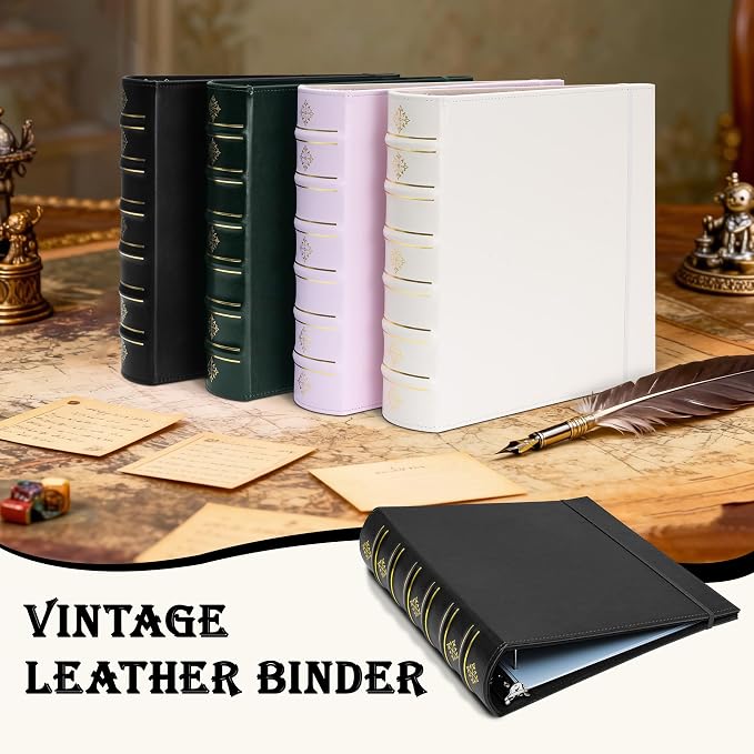 Ospelelf Vintage Leather 3 Ring Binder 2 Inch, D Ring Binder with Pockets and 5 Tab Dividers, Hardback Book Style Document Organizer Fits Letter Size for Home and Office Black