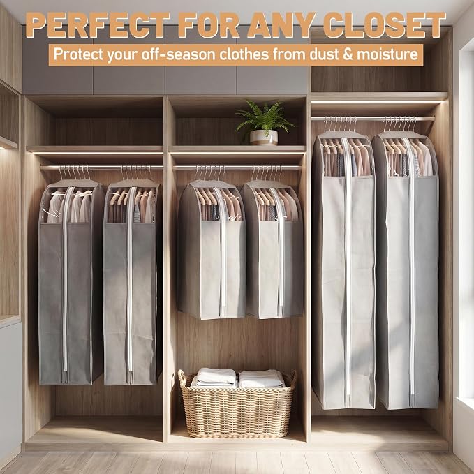 6 Pack Garment Bags for Hanging Clothes, 40"/50"/60" Suit Bags for Open Closet, 10" Gusseted Waterproof Dustproof Clothes Storage Closet, Dress, Coat, Travel (Window Style,Gray)