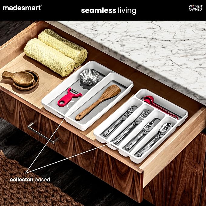 madesmart Premium Small Silverware Tray, Compact 5 Compartment Flatware Organizer for Forks, Knives & Spoons, Non Slip, Soft Grip Lining, Fits Small Drawers, White