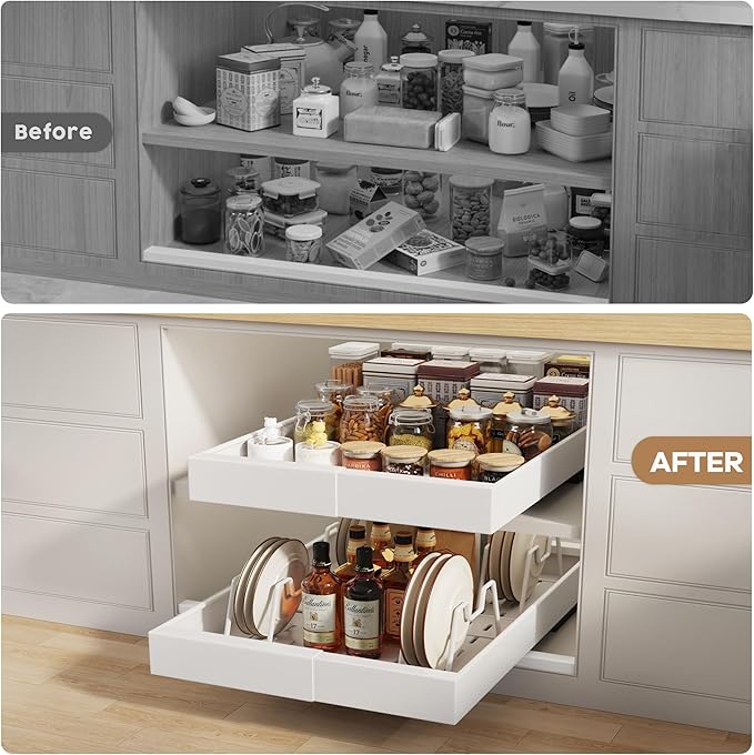 Seinloes 4 Pack Pull out Cabinet Organizer 21" Deep With Raising Pad for Framed Cabinets, Expandable (9"-14" W) Slide out Drawers for Kitchen Cabinets with 4pcs Divider Racks, Roll out Shelves, White