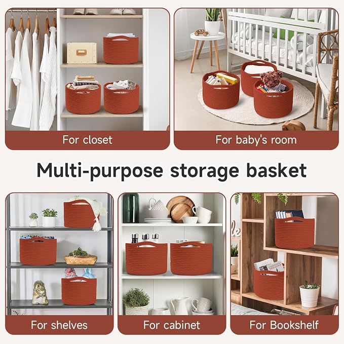 Small Rope Baskets for Storage, Baskets for Gifts Empty, Cute Round Woven Basket, Decorative Shelf Baskets 9.82×9.82×7.1", Cotton Toy Basket Storage Bins for Organizer 3 Packs-Brick Red