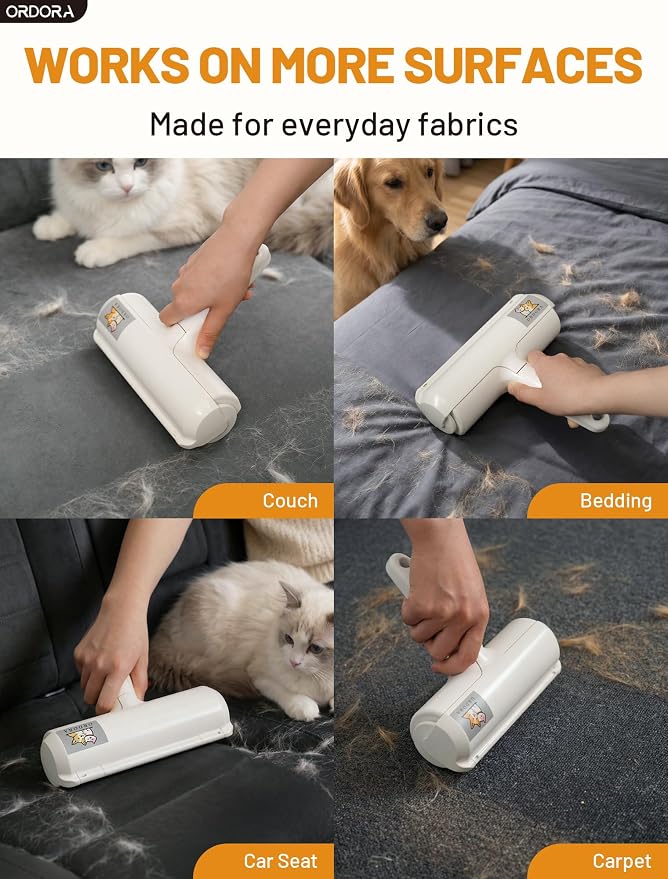 ORDORA Pet Hair Remover Roller, Reusable Lint Roller for Dog and Cat Hair | Portable Pet Hair Roller with Large Fur Bin for Couches, Bedding, Car, Rugs & Furniture, No Refills or Batteries, Pet Homes