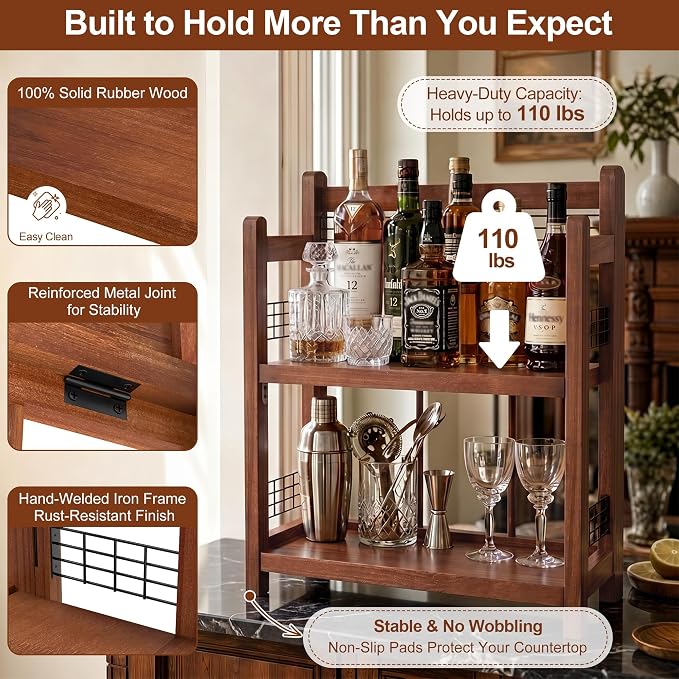 No-Assembly Coffee Bar Organizer, 2-Tier Coffee Station Shelf | Foldable Oak Wood Shelf, Coffee Station Accessories Storage for Syrup, 3 Hooks for Mugs, Kitchen Countertop Organizer, Walnut