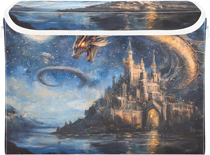 Dream Castle Dragon Storage Bins with Lids and Carrying Handle,Foldable Storage Boxes Organizer Containers Baskets Cube with Cover for Home Bedroom Closet Office