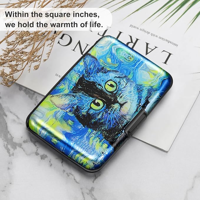 ELFISH Mini RFID Aluminum Wallet Credit Cards Holder Business Card Case Metal ID Case for Men Women(Blue Cat)