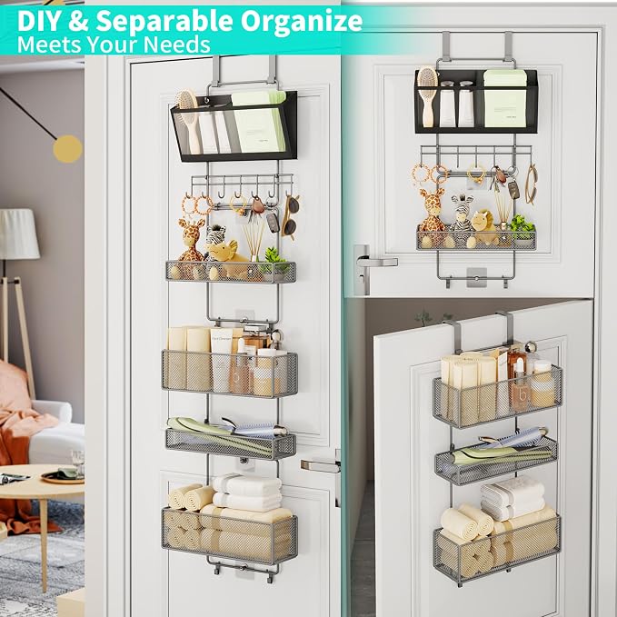 HapiRm Over Door Organizer Hanging - 6 Tier Over The Door Storage with Visual Pockets & Hooks, with 4 Metal Large Capacity Baskets for Bathroom Bedroom Kitchen Pantry Cabinet(Grey)