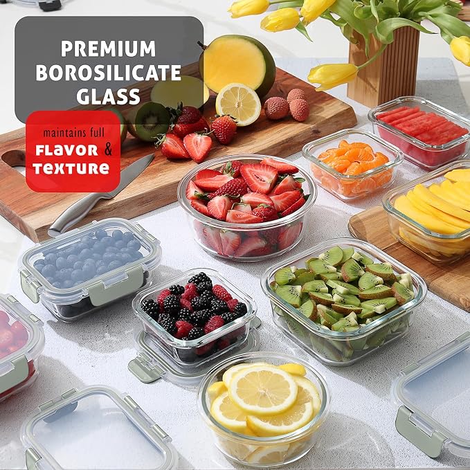 EATEX 32pc Glass Storage Containers with Lids, 16 Glass Food Storage Containers with 16 Airtight Lids for Pantry & Kitchen, Meal Prep Containers for Lunch, Oven Freezer Microwave & Dishwasher Safe