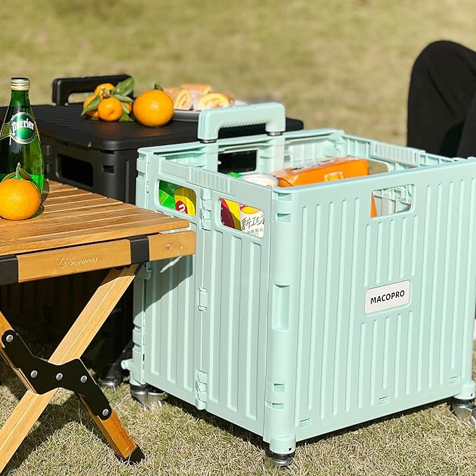 MACOPRO Folding Utility Cart Portable Rolling Crate Handcart Shopping Trolley Collapsible Tool Box, with Lid, Basket on 4 Rotate Wheels, for Grocery, Office, Teacher, Travel Shop Move Luggage (Green)