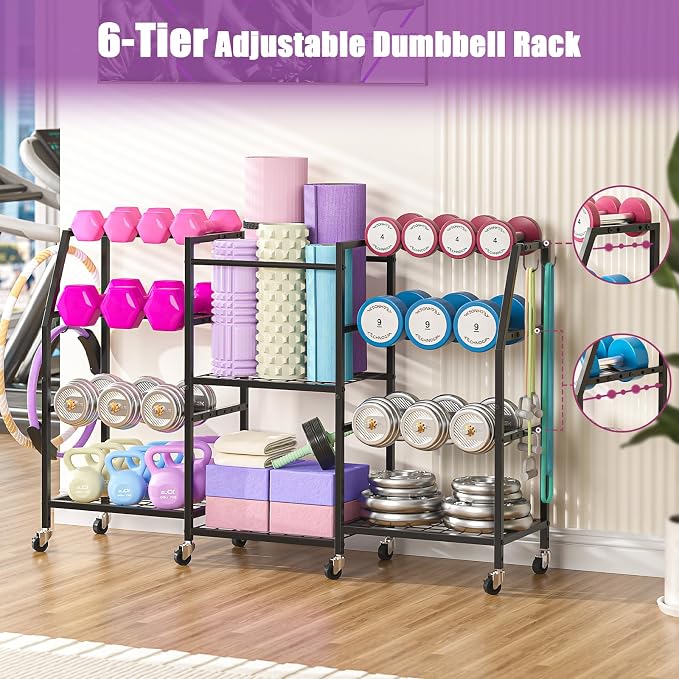 Dumbbell Rack, Yoga Mat Storage Rack, Home Gym Storage Rack for Kettlebells, Exercise Equipment Storage with Wheels and Hooks, All in One Home Gym Equipment Organizer