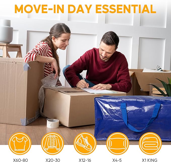 4 Pack Oversized Heavy Duty Moving Bags with Backpack Straps, Strong Handles & Zippers, Extra Large Storage Tote Moving Boxes for Space Saving, Blue