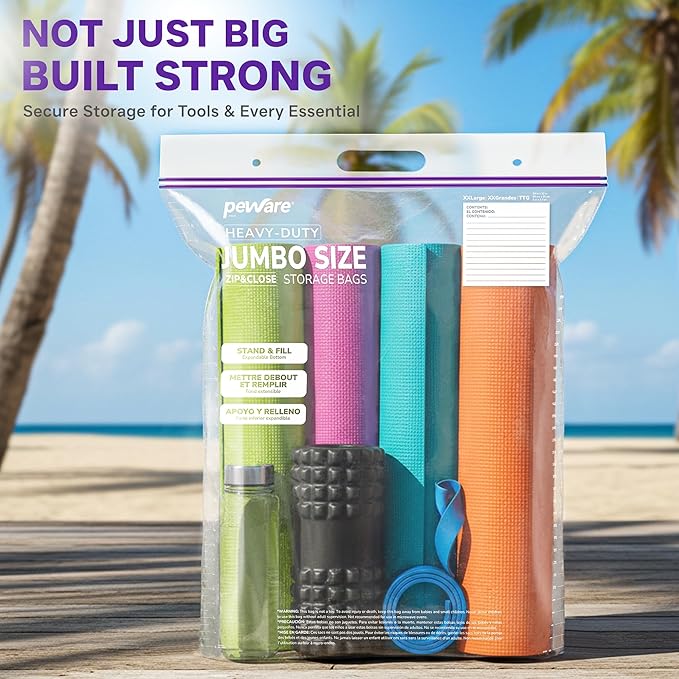 20 Gallon Heavy Duty Jumbo Storage Bags with Handle – 24" x 34" Resealable Zipper Top, Oversized Storage Solution for Clothes, Food, Pillow, Bedding, Household, BPA-Free, Pack of 15, 6 Mil Thick