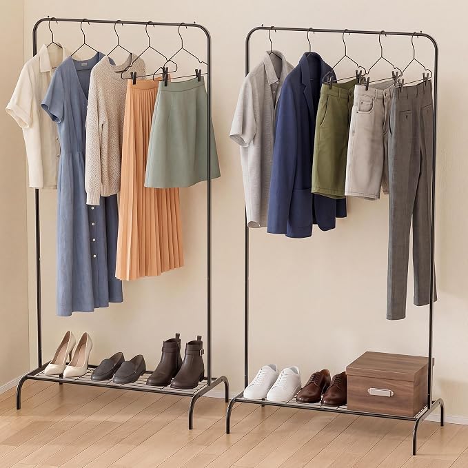 Black Clothing Rack 2 Pack for Small Spaces, Freestanding Metal Garment Rack with Bottom Shelf, Stable Clothes Organizer for Bedroom, Apartment, Dorm Room, 92LBS Capacity